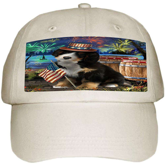4th of July Independence Day Fireworks Bernedoodle Dog at the Lake Ball Hat Cap HAT57006