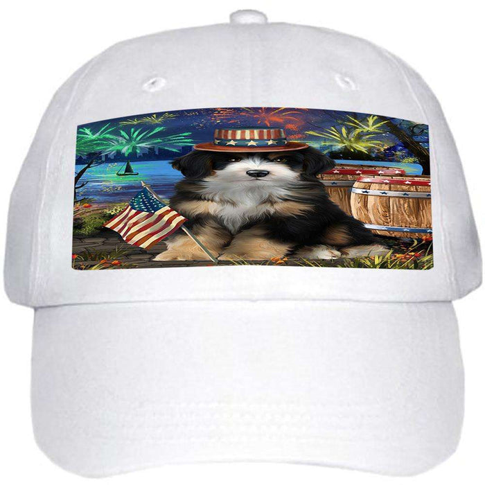 4th of July Independence Day Fireworks Bernedoodle Dog at the Lake Ball Hat Cap HAT57009