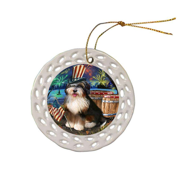 4th of July Independence Day Fireworks Bernedoodle Dog at the Lake Ceramic Doily Ornament DPOR51088