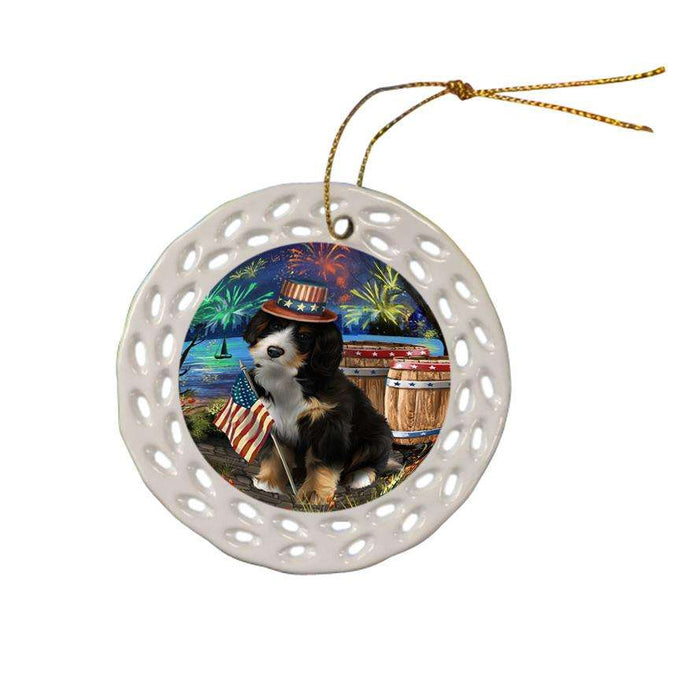 4th of July Independence Day Fireworks Bernedoodle Dog at the Lake Ceramic Doily Ornament DPOR51091