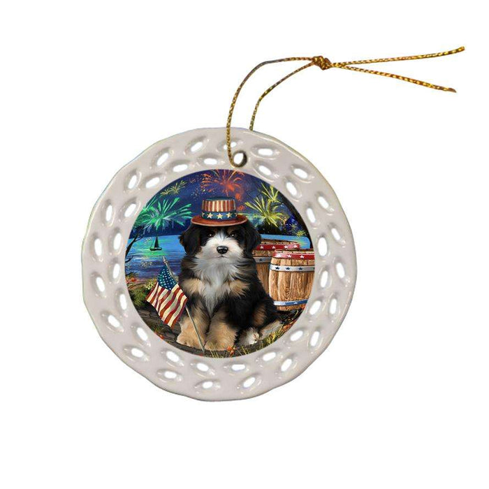 4th of July Independence Day Fireworks Bernedoodle Dog at the Lake Ceramic Doily Ornament DPOR51092