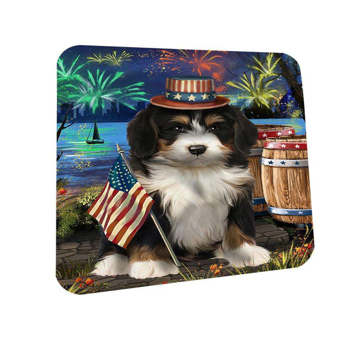 4th of July Independence Day Fireworks Bernedoodle Dog at the Lake Coasters Set of 4 CST51049