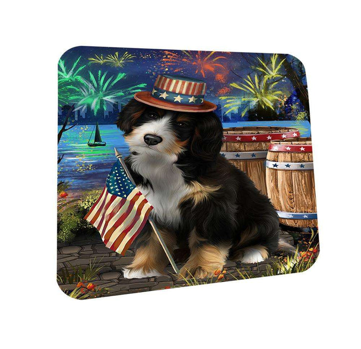 4th of July Independence Day Fireworks Bernedoodle Dog at the Lake Coasters Set of 4 CST51050