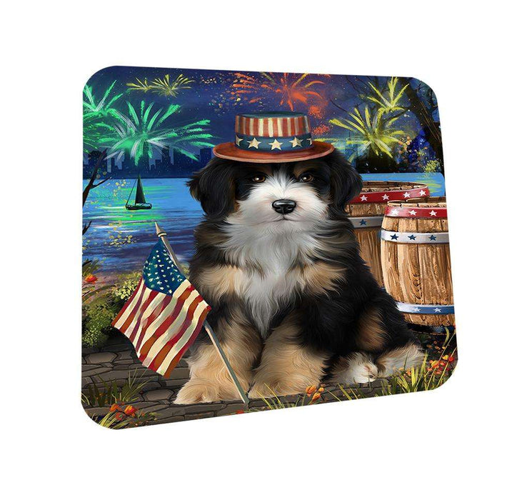 4th of July Independence Day Fireworks Bernedoodle Dog at the Lake Coasters Set of 4 CST51051