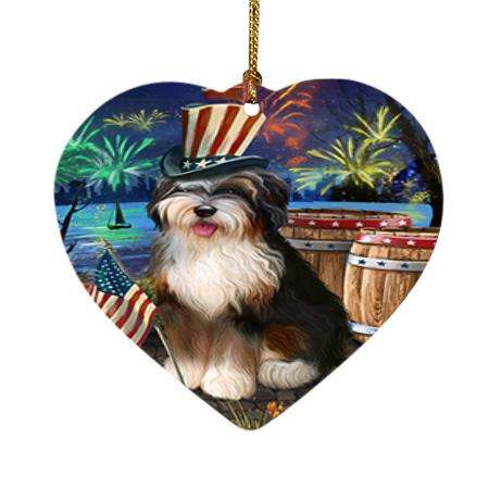 4th of July Independence Day Fireworks Bernedoodle Dog at the Lake Heart Christmas Ornament HPOR51088