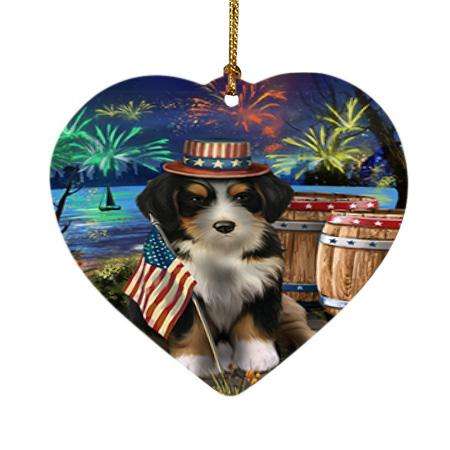 4th of July Independence Day Fireworks Bernedoodle Dog at the Lake Heart Christmas Ornament HPOR51089