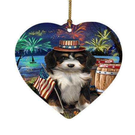 4th of July Independence Day Fireworks Bernedoodle Dog at the Lake Heart Christmas Ornament HPOR51090
