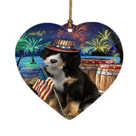 4th of July Independence Day Fireworks Bernedoodle Dog at the Lake Heart Christmas Ornament HPOR51091
