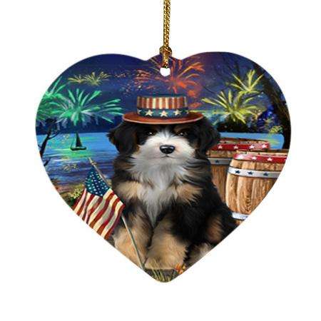 4th of July Independence Day Fireworks Bernedoodle Dog at the Lake Heart Christmas Ornament HPOR51092