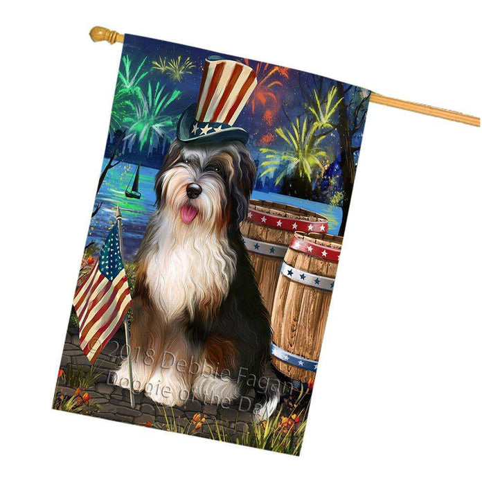 4th of July Independence Day Fireworks Bernedoodle Dog at the Lake House Flag FLG51146