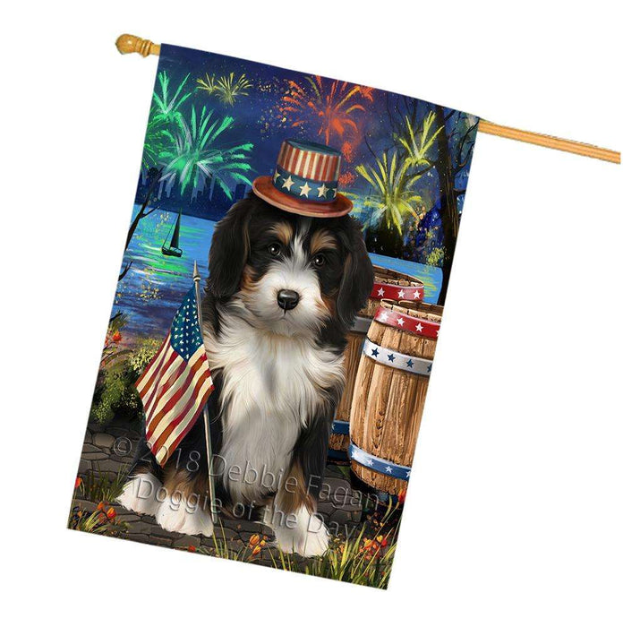 4th of July Independence Day Fireworks Bernedoodle Dog at the Lake House Flag FLG51148