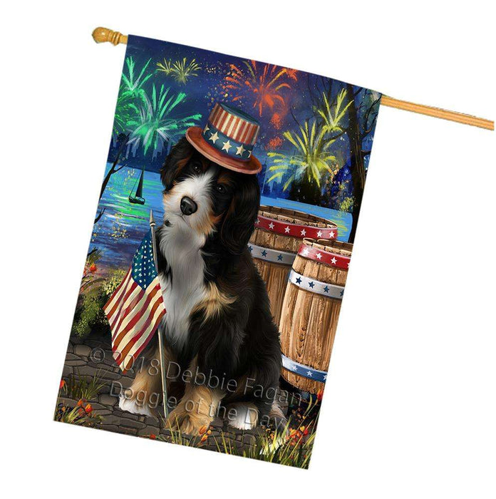 4th of July Independence Day Fireworks Bernedoodle Dog at the Lake House Flag FLG51149
