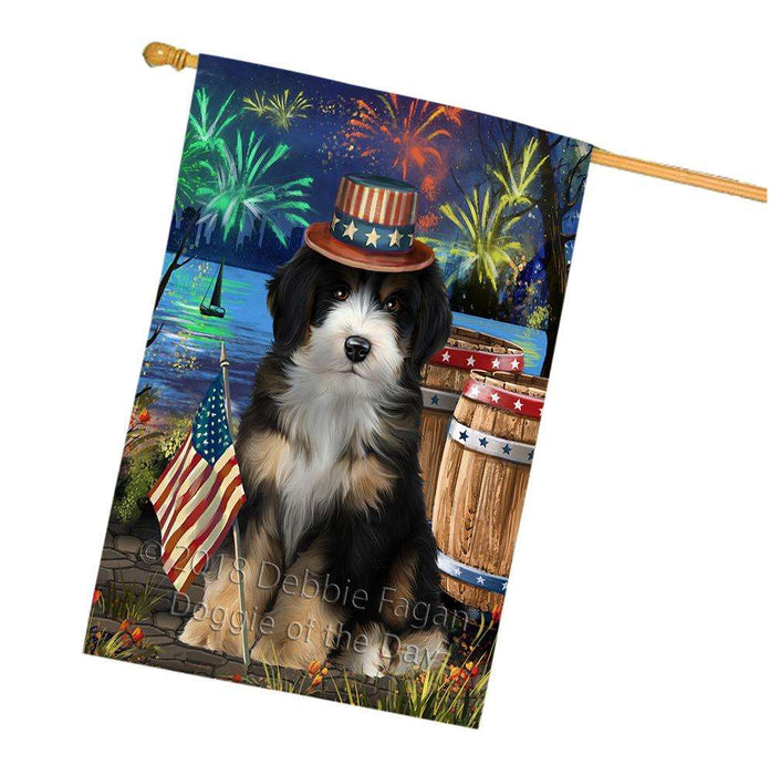 4th of July Independence Day Fireworks Bernedoodle Dog at the Lake House Flag FLG51150
