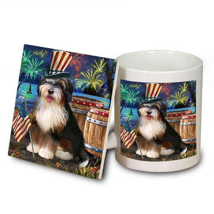 4th of July Independence Day Fireworks Bernedoodle Dog at the Lake Mug and Coaster Set MUC51080