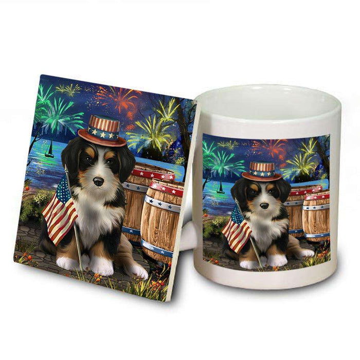 4th of July Independence Day Fireworks Bernedoodle Dog at the Lake Mug and Coaster Set MUC51081