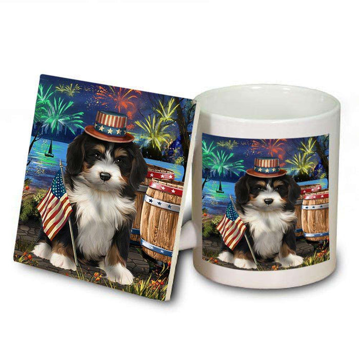 4th of July Independence Day Fireworks Bernedoodle Dog at the Lake Mug and Coaster Set MUC51082