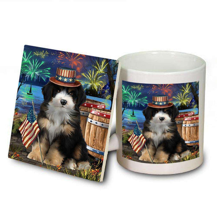 4th of July Independence Day Fireworks Bernedoodle Dog at the Lake Mug and Coaster Set MUC51084