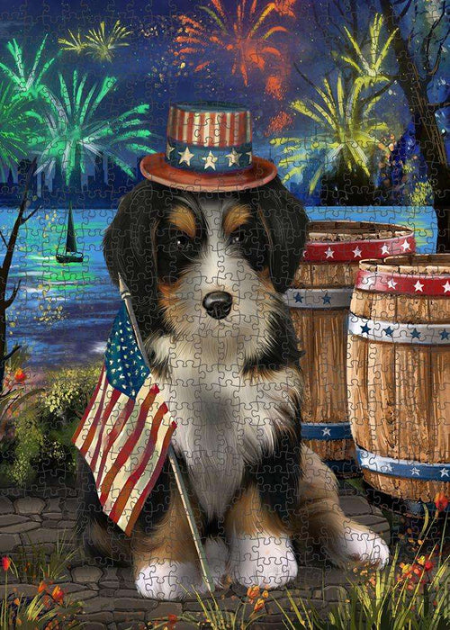 4th of July Independence Day Fireworks Bernedoodle Dog at the Lake Puzzle with Photo Tin PUZL57129