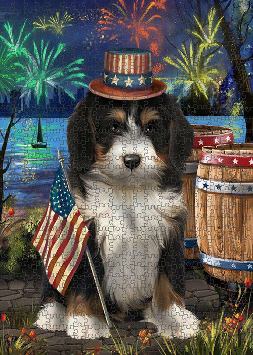 4th of July Independence Day Fireworks Bernedoodle Dog at the Lake Puzzle with Photo Tin PUZL57132