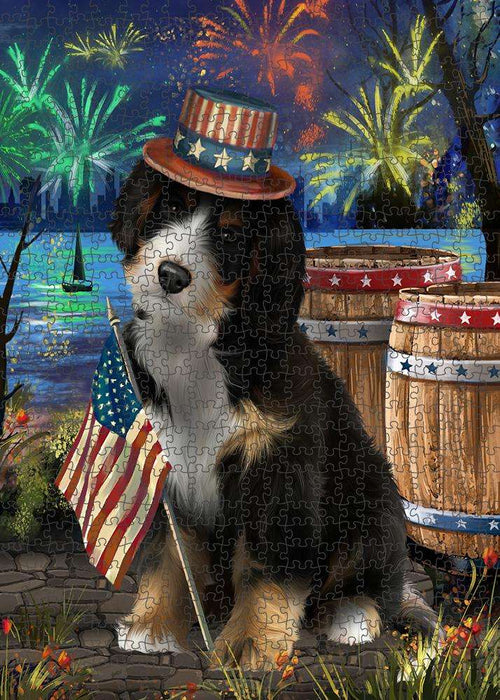 4th of July Independence Day Fireworks Bernedoodle Dog at the Lake Puzzle with Photo Tin PUZL57135