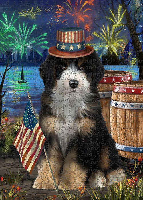 4th of July Independence Day Fireworks Bernedoodle Dog at the Lake Puzzle with Photo Tin PUZL57138