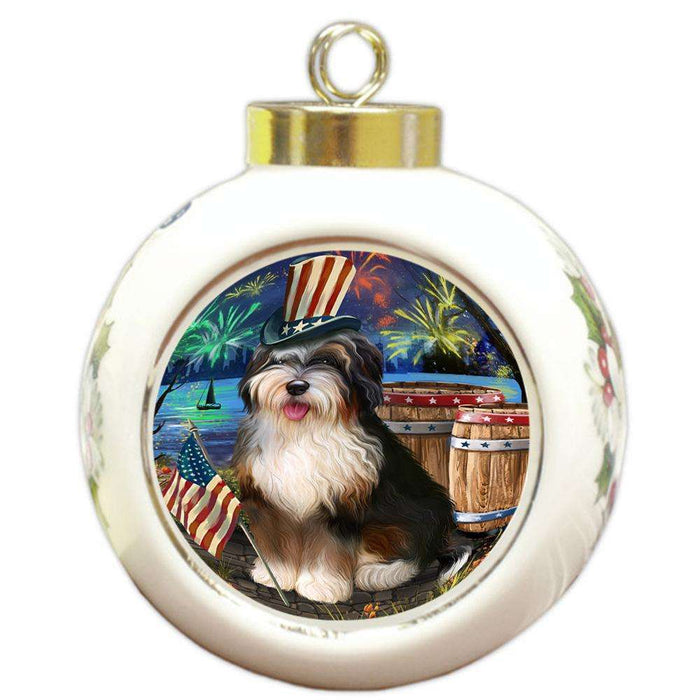 4th of July Independence Day Fireworks Bernedoodle Dog at the Lake Round Ball Christmas Ornament RBPOR51088