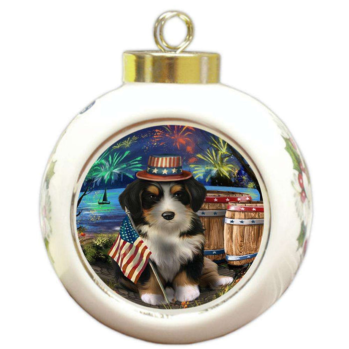 4th of July Independence Day Fireworks Bernedoodle Dog at the Lake Round Ball Christmas Ornament RBPOR51089