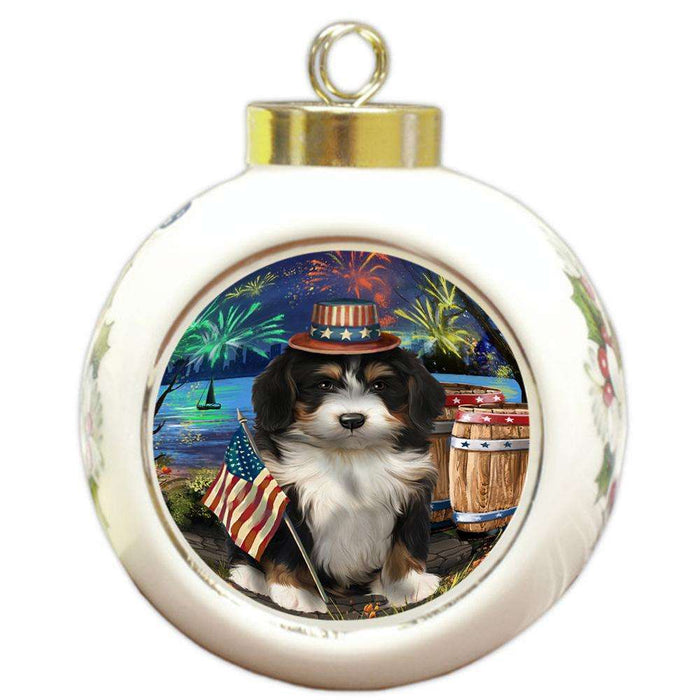 4th of July Independence Day Fireworks Bernedoodle Dog at the Lake Round Ball Christmas Ornament RBPOR51090