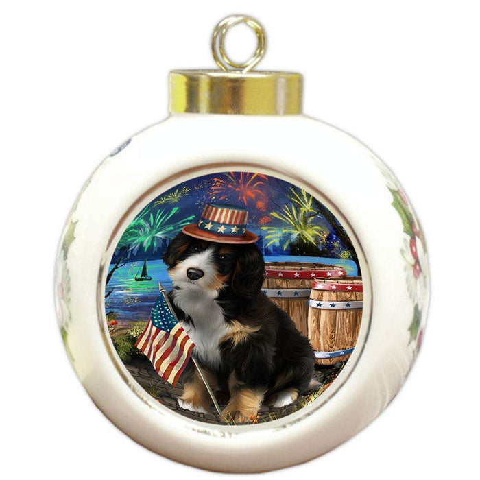 4th of July Independence Day Fireworks Bernedoodle Dog at the Lake Round Ball Christmas Ornament RBPOR51091
