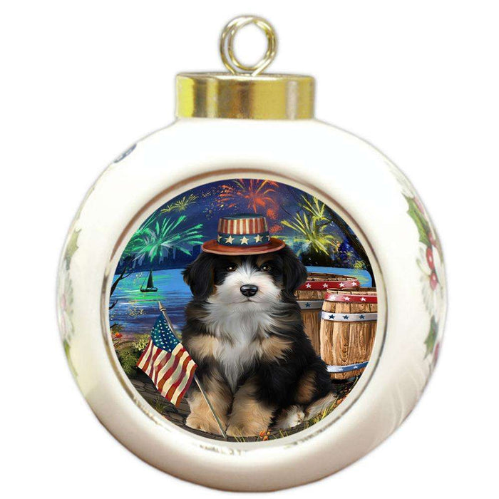4th of July Independence Day Fireworks Bernedoodle Dog at the Lake Round Ball Christmas Ornament RBPOR51092
