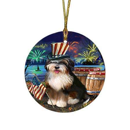 4th of July Independence Day Fireworks Bernedoodle Dog at the Lake Round Flat Christmas Ornament RFPOR51079