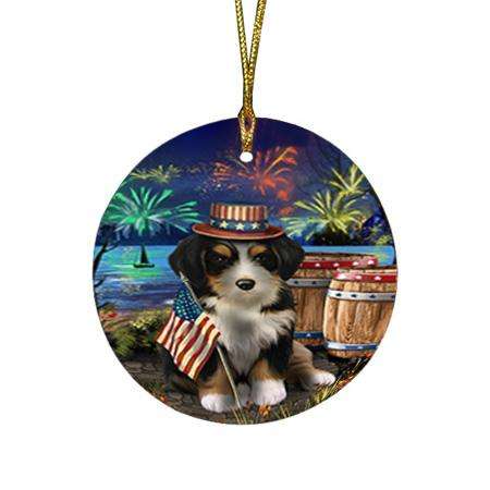 4th of July Independence Day Fireworks Bernedoodle Dog at the Lake Round Flat Christmas Ornament RFPOR51080