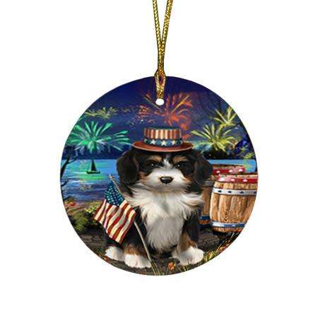 4th of July Independence Day Fireworks Bernedoodle Dog at the Lake Round Flat Christmas Ornament RFPOR51081