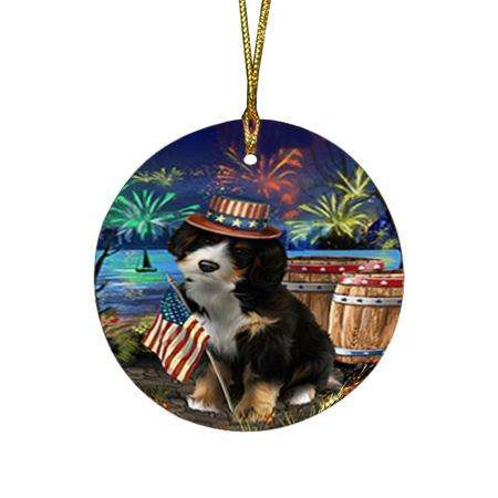 4th of July Independence Day Fireworks Bernedoodle Dog at the Lake Round Flat Christmas Ornament RFPOR51082