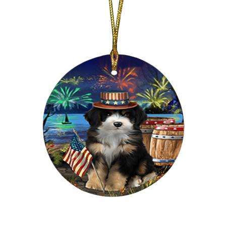 4th of July Independence Day Fireworks Bernedoodle Dog at the Lake Round Flat Christmas Ornament RFPOR51083