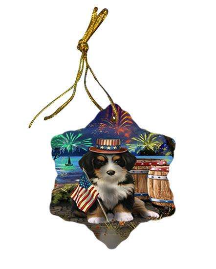 4th of July Independence Day Fireworks Bernedoodle Dog at the Lake Star Porcelain Ornament SPOR51081