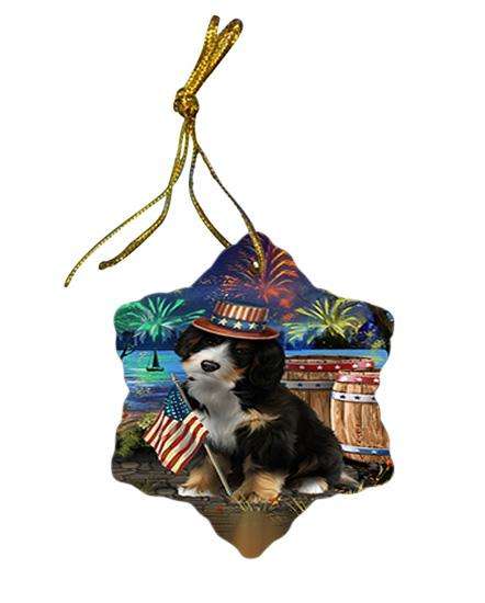4th of July Independence Day Fireworks Bernedoodle Dog at the Lake Star Porcelain Ornament SPOR51083