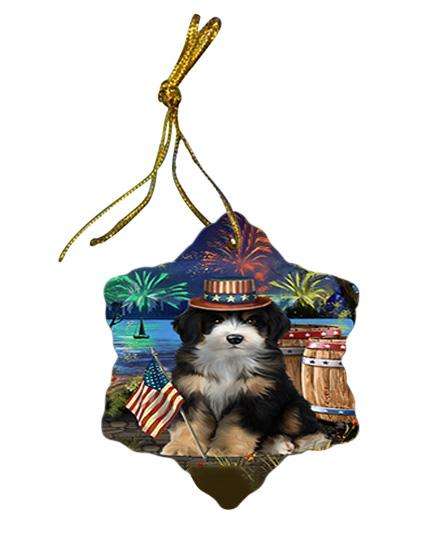 4th of July Independence Day Fireworks Bernedoodle Dog at the Lake Star Porcelain Ornament SPOR51084
