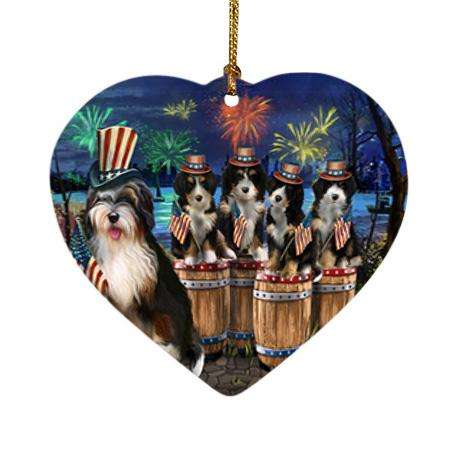 4th of July Independence Day Fireworks Bernedoodles at the Lake Heart Christmas Ornament HPOR51013