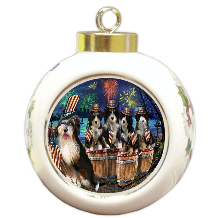 4th of July Independence Day Fireworks Bernedoodles at the Lake Round Ball Christmas Ornament RBPOR51013
