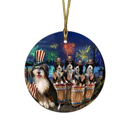 4th of July Independence Day Fireworks Bernedoodles at the Lake Round Flat Christmas Ornament RFPOR51004
