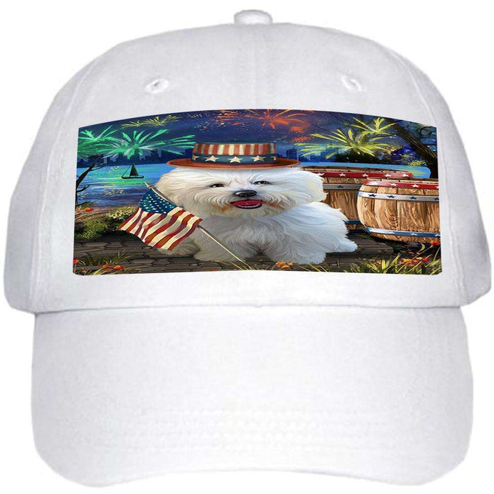 4th of July Independence Day Fireworks Bichon Frise Dog at the Lake Ball Hat Cap HAT56517