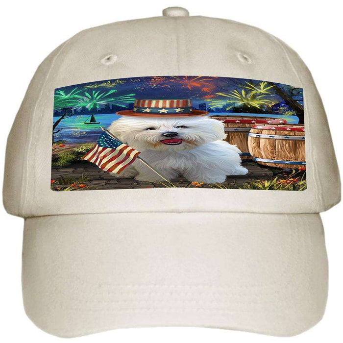 4th of July Independence Day Fireworks Bichon Frise Dog at the Lake Ball Hat Cap HAT56517