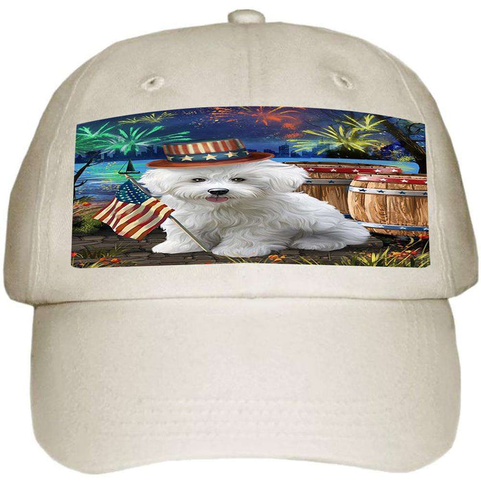 4th of July Independence Day Fireworks Bichon Frise Dog at the Lake Ball Hat Cap HAT56520