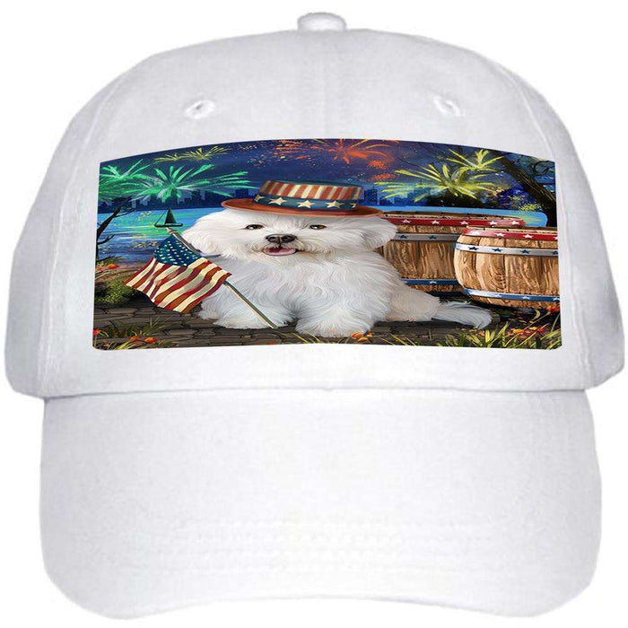 4th of July Independence Day Fireworks Bichon Frise Dog at the Lake Ball Hat Cap HAT56523