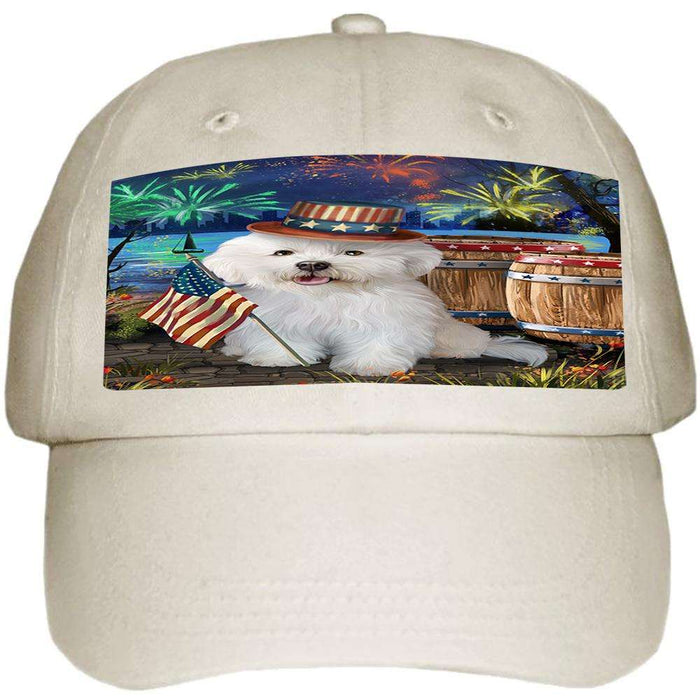 4th of July Independence Day Fireworks Bichon Frise Dog at the Lake Ball Hat Cap HAT56523