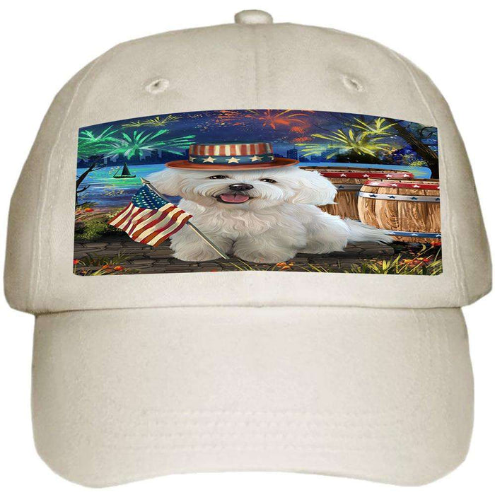 4th of July Independence Day Fireworks Bichon Frise Dog at the Lake Ball Hat Cap HAT56526