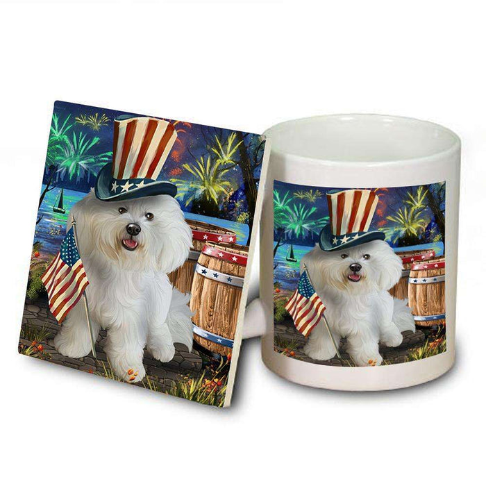4th of July Independence Day Fireworks Bichon Frise Dog at the Lake Mug and Coaster Set MUC50919