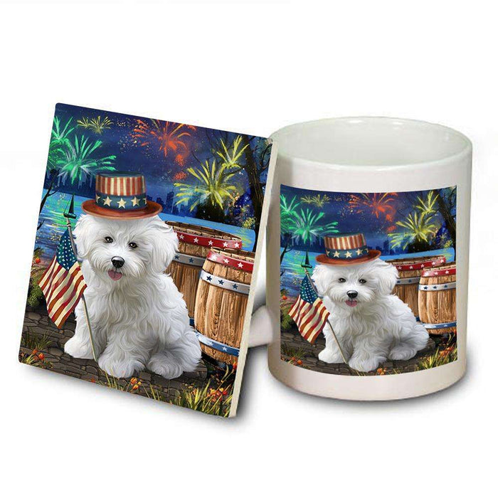 4th of July Independence Day Fireworks Bichon Frise Dog at the Lake Mug and Coaster Set MUC50921