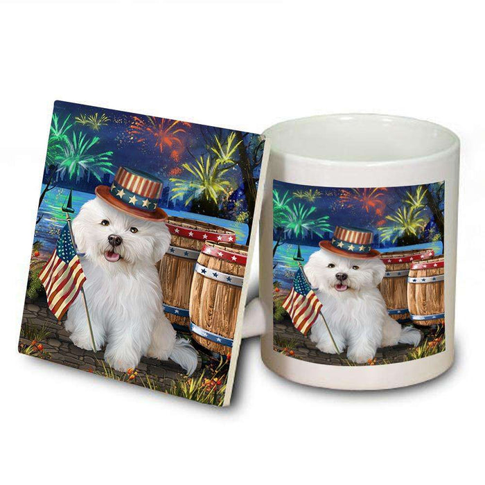 4th of July Independence Day Fireworks Bichon Frise Dog at the Lake Mug and Coaster Set MUC50922